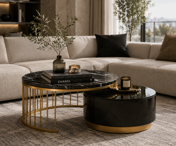 A modern living room scene featuring a black marble-top coffee table with a gold metal frame and a matching round black side table with a gold base, styled with books, a candle, and a vase in front of a beige sectional sofa.