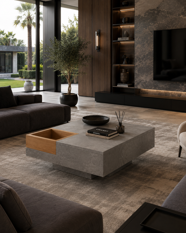 A modern concrete coffee table with a built-in wooden drawer on a large textured area rug in a contemporary living room.