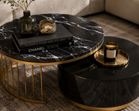 A modern round nesting coffee table set in a styled living room. The outer table has a black marble top with white veining and a gold metal slatted base, styled with a book, vase, and candle.