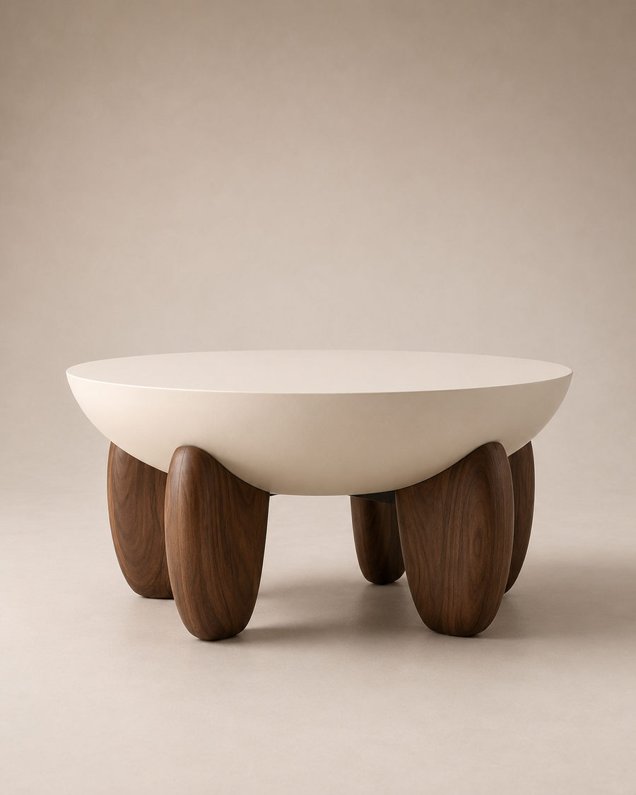 A modern low coffee table with a smooth, rounded off-white top and four chunky, organic-shaped dark brown wooden legs, set against a warm beige studio background.