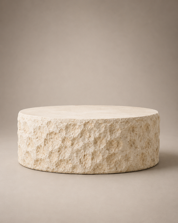 A round, textured stone pedestal or stool in a warm cream-beige color, photographed against a solid neutral taupe background.