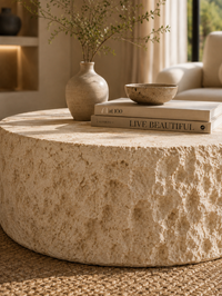 A round natural stone coffee table in a warm beige tone, styled with a small vase, books, and a bowl in a softly lit living room.