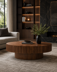 A round wooden coffee table with a fluted slatted edge and a matching round pedestal base, styled in a modern living room with a gray sofa, dark wood shelving, and a fireplace.