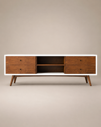 Mid-century modern wooden media console with two drawers on each side, an open center shelf, and tapered legs, shown against a solid beige background.