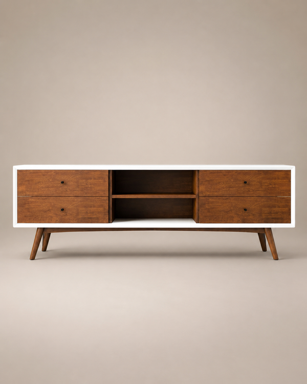 Mid-century modern wooden media console with two drawers on each side, an open center shelf, and tapered legs, shown against a solid beige background.