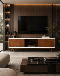 A modern living room featuring a mid-century style wooden TV console with a white top and black legs, styled with a large black television, a marble coffee table, and warm ambient lighting.