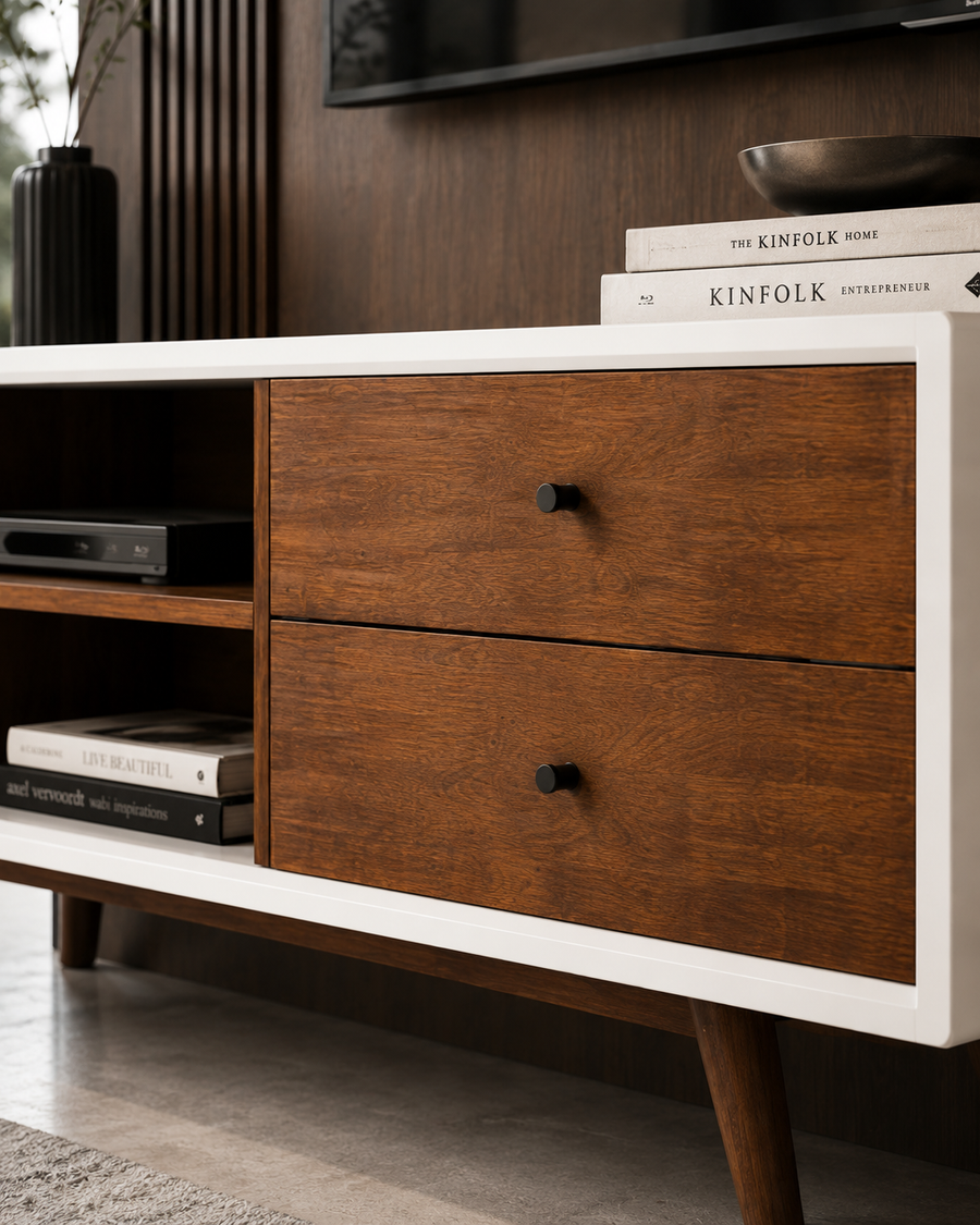 A mid-century modern TV stand or console cabinet with two dark wood drawers, open shelving, and a white frame, styled in a living room setting.