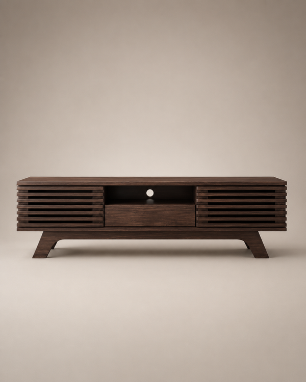 A modern dark wood media console with a slatted front design, a central drawer, and angled legs, shown against a neutral beige background.