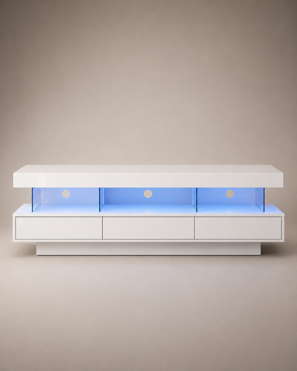 A modern white floating media console with three open shelves illuminated by blue LED lighting, set against a neutral beige background.