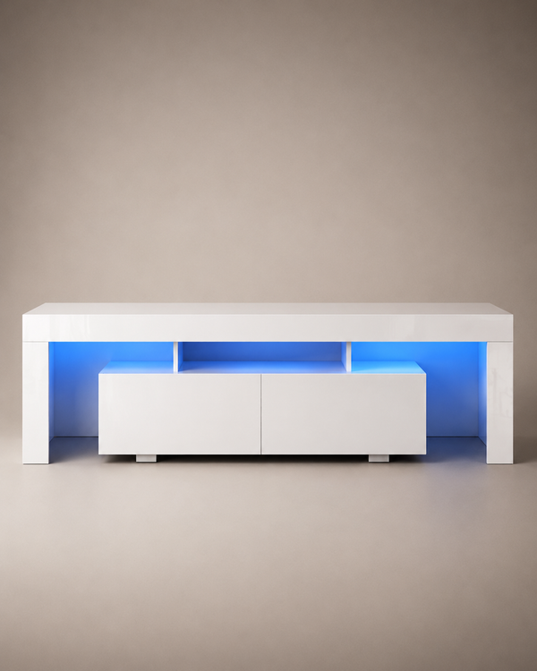 A modern white low-profile media console with built-in blue LED under-glow lighting, shown against a neutral beige studio background.