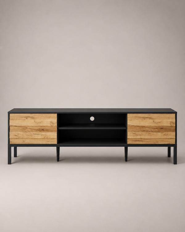 A modern low-profile media console with a matte black metal frame and legs, featuring two light natural wood doors on the sides and an open central shelf.
