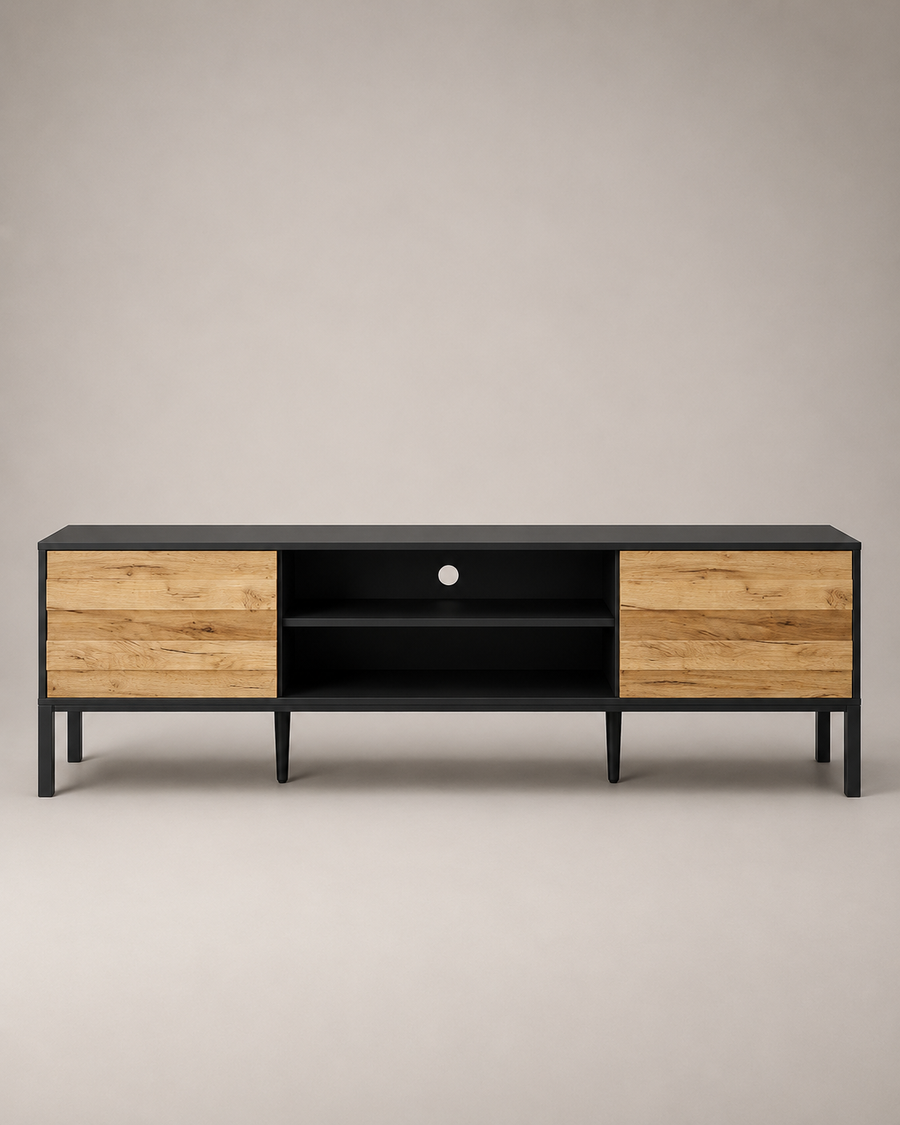 A modern low-profile media console with a matte black metal frame and legs, featuring two light natural wood doors on the sides and an open central shelf.