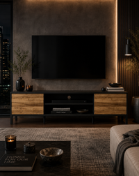 A modern black TV stand with warm wood-grain front panels, styled in a contemporary living room setting under a wall-mounted television.