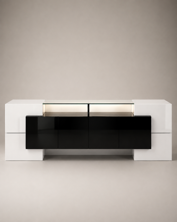 A modern low-profile media console with a glossy black front and white side cabinets, set against a neutral beige background.