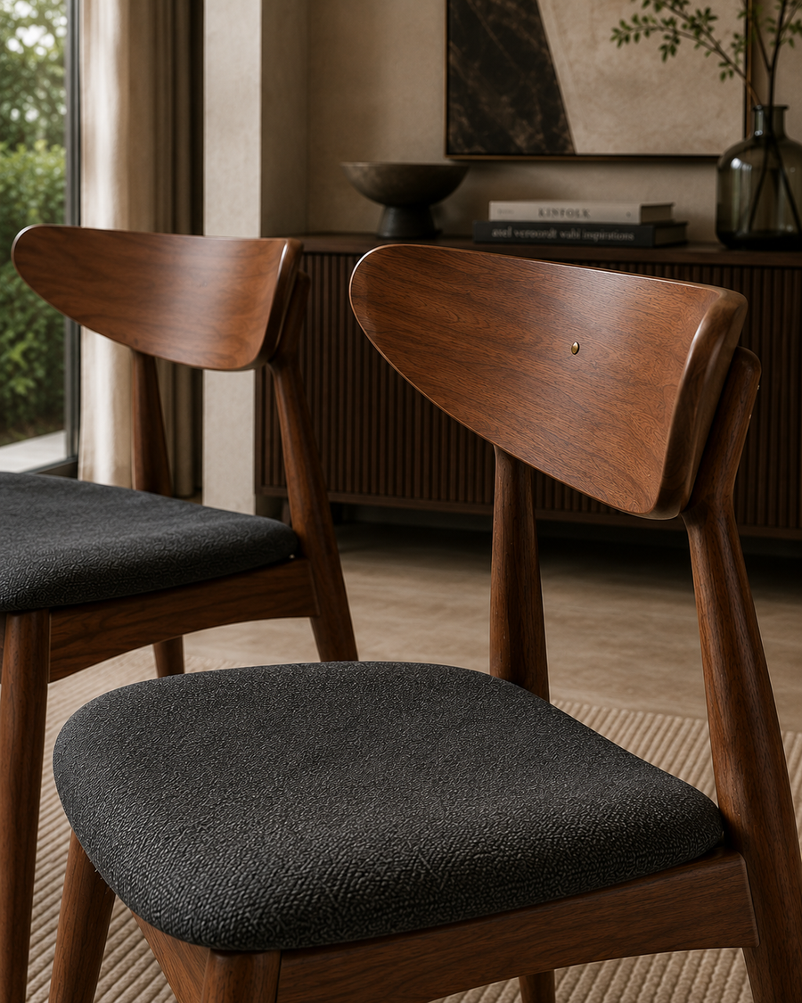 Two mid-century modern wooden dining chairs with dark textured bouclé seat cushions, shown in a warm, contemporary dining room setting.