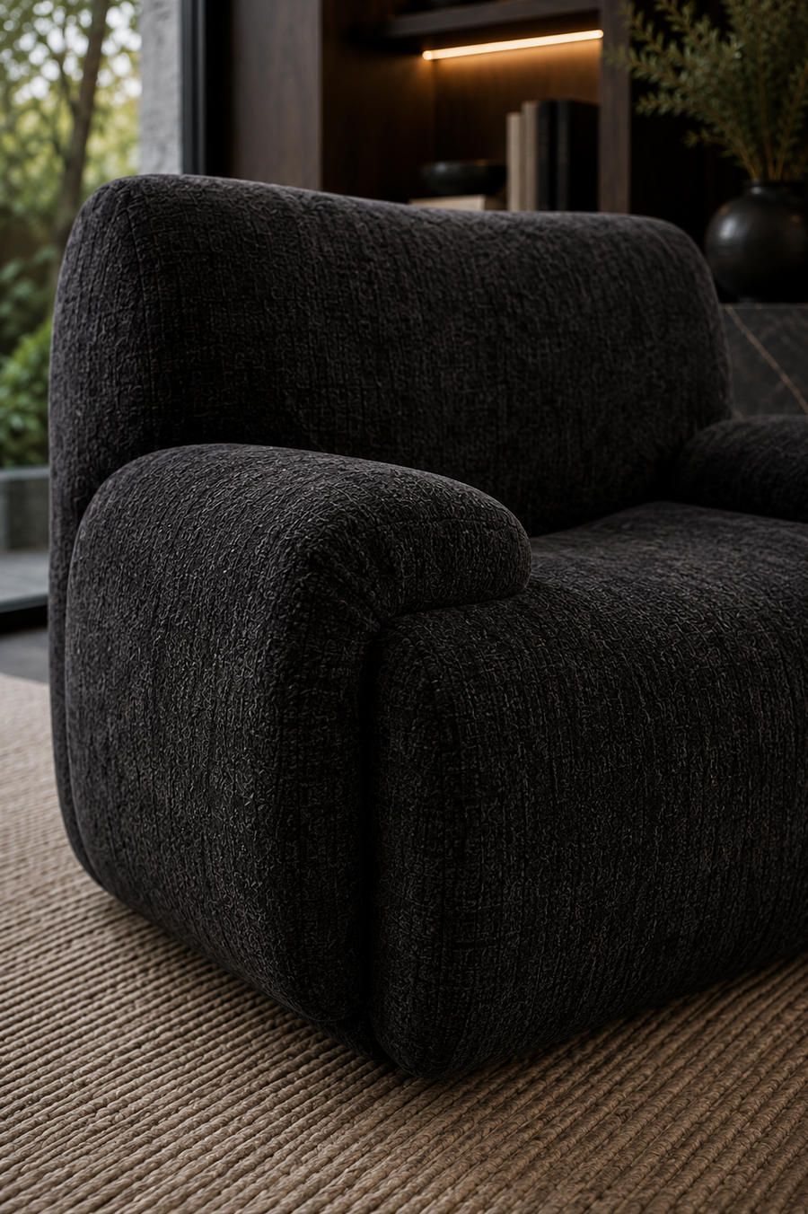 A close-up of a modern dark charcoal gray bouclé armchair placed on a woven beige rug in a dimly lit interior setting.