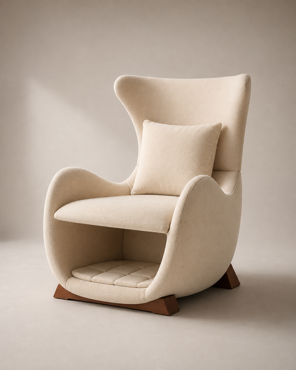 A modern sculptural lounge chair upholstered in warm cream fabric with a matching throw pillow and wooden legs, photographed in a minimalist studio setting.
