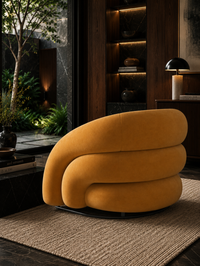 A modern, sculptural accent chair upholstered in a textured mustard-yellow velvet, set in a luxurious, dimly lit contemporary living room with dark wood shelving and a woven rug.
