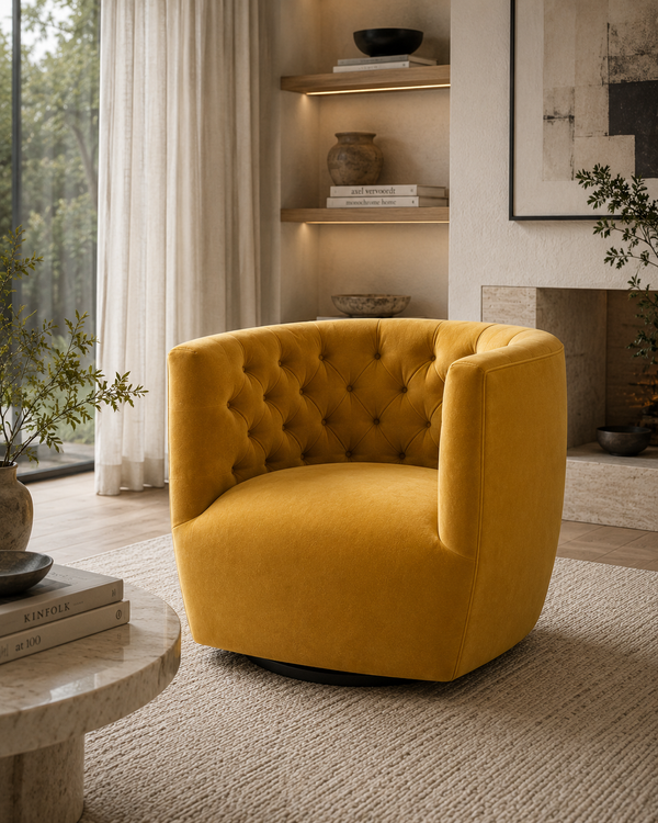 A modern mustard yellow tufted velvet armchair in a beautifully styled living room with a fireplace, built-in shelves, and a marble side table.