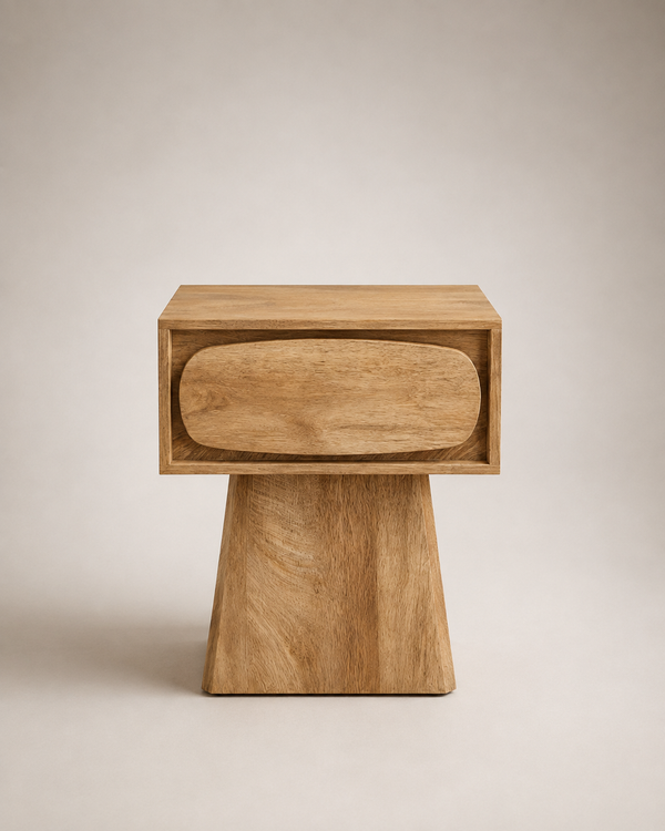 A modern wooden side table with a single drawer, featuring a tapered block base and a rounded rectangular drawer front, shown on a neutral studio background.