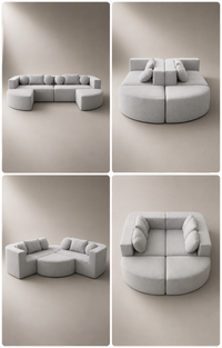 A four-panel product collage showing a modular upholstered lounge chair/sofa in light gray from multiple angles. The panels display the chair from the side, top, and front against a warm beige studio background.
