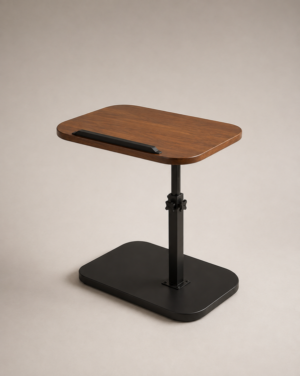 An adjustable standing desk with a medium brown wood-grain top and a matte black metal frame, shown on a neutral beige background.