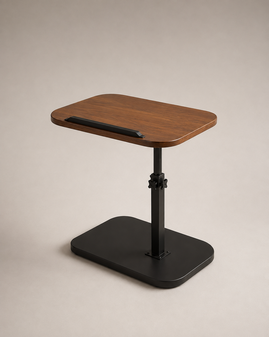 An adjustable standing desk with a medium brown wood-grain top and a matte black metal frame, shown on a neutral beige background.