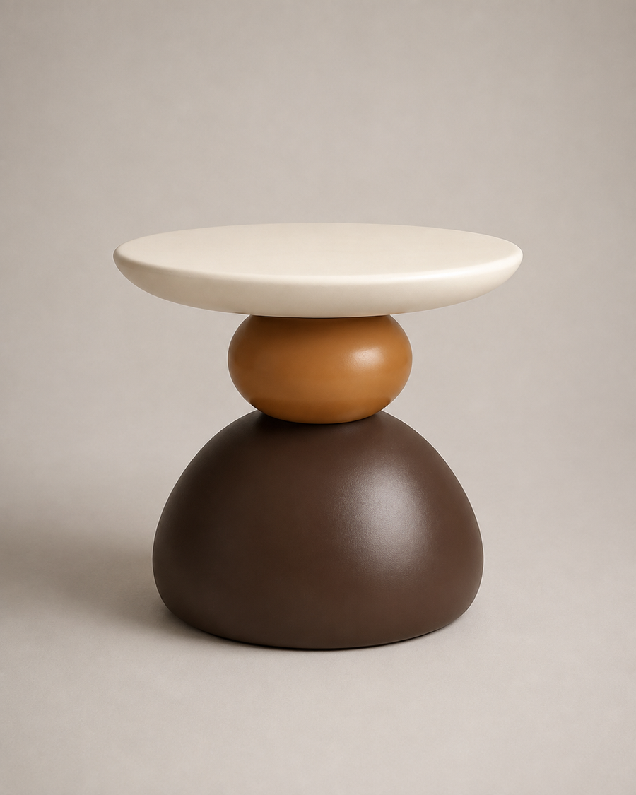A modern sculptural side table with a wide, shallow oval top in off-white, a medium brown sphere in the middle, and a large dark brown dome-shaped base, set against a neutral warm gray background.