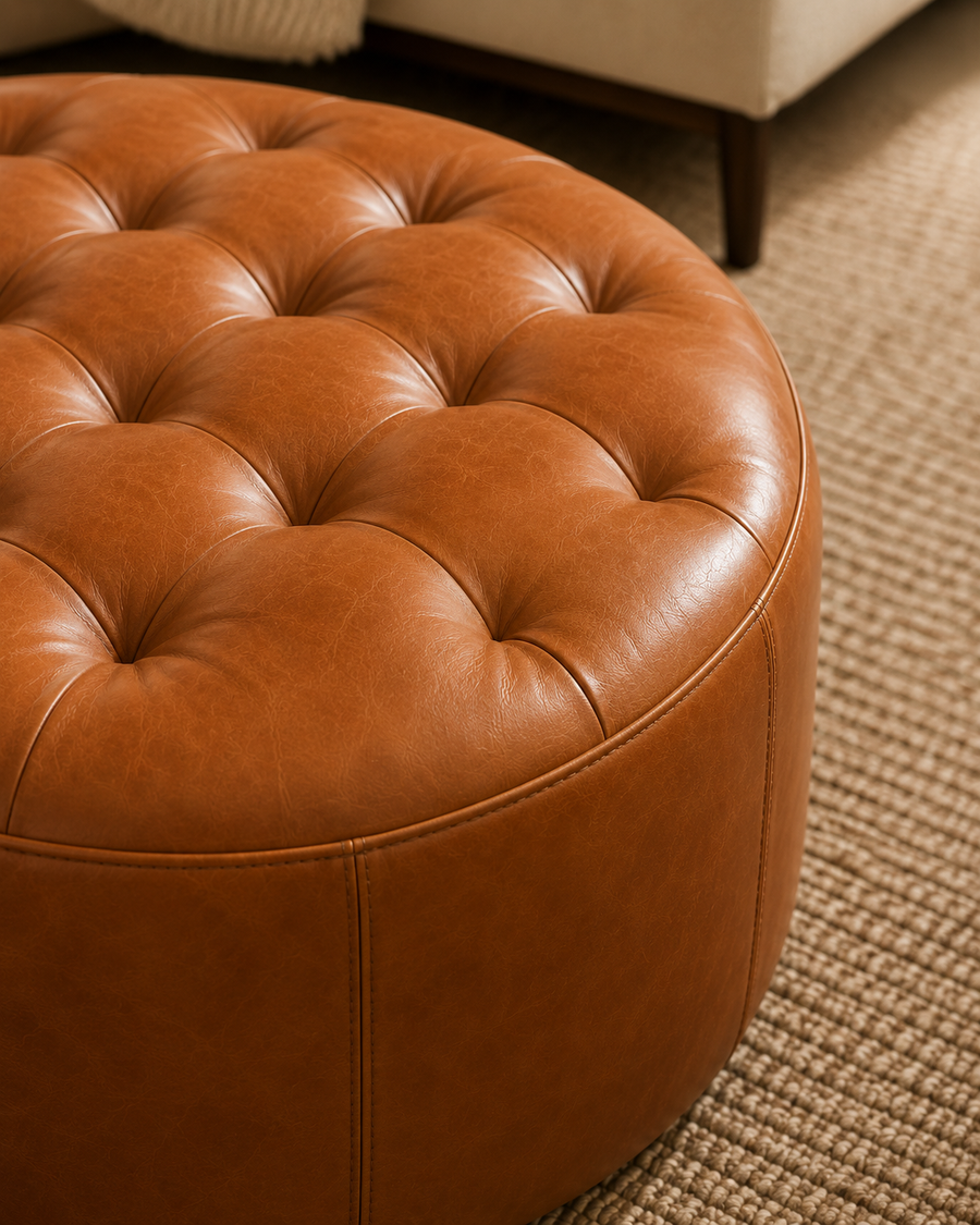 A close-up of a round tufted leather ottoman in a warm cognac brown, positioned on a textured beige rug with part of a sofa leg visible in the background.