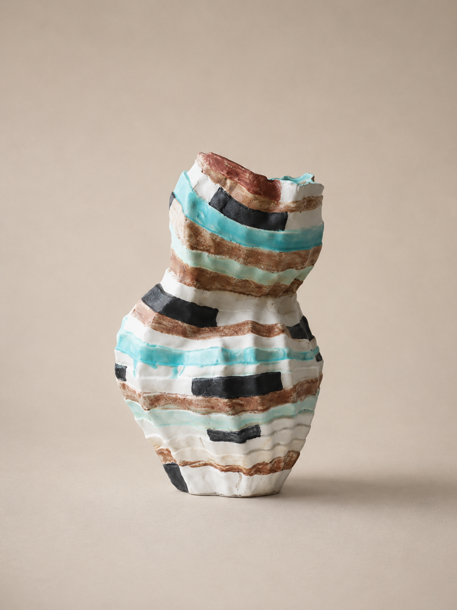 A handmade ceramic vase with a textured, ribbed surface decorated with horizontal hand-painted stripes in turquoise, brown, black, and white, set against a solid beige background.