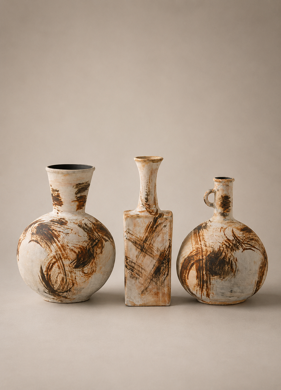 Three handmade ceramic vases with abstract brown and cream painted patterns, displayed on a neutral beige background.