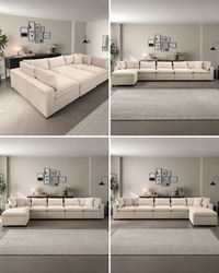 A four-panel collage showing a large off-white sectional sofa in a modern living room setting, with the sectional displayed from different angles in a clean interior with neutral walls, wall art, side tables, lamps, and a rug.
