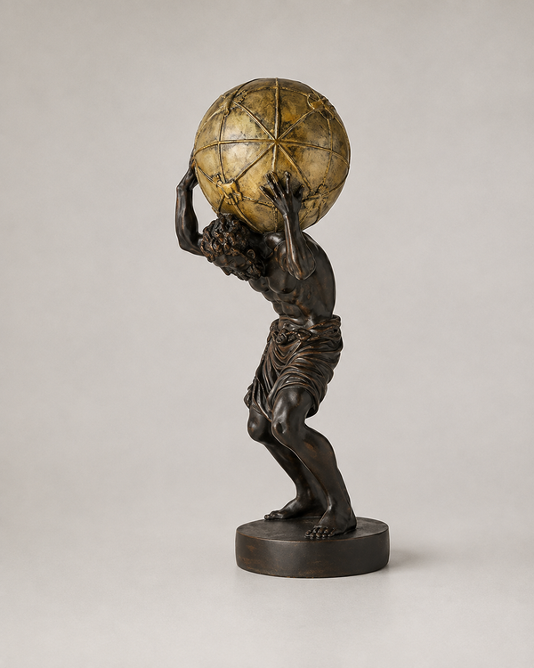 A classical-style sculpture of a muscular male figure carrying a large gold-toned globe on his shoulders, mounted on a round dark base, photographed against a plain light gray studio background.