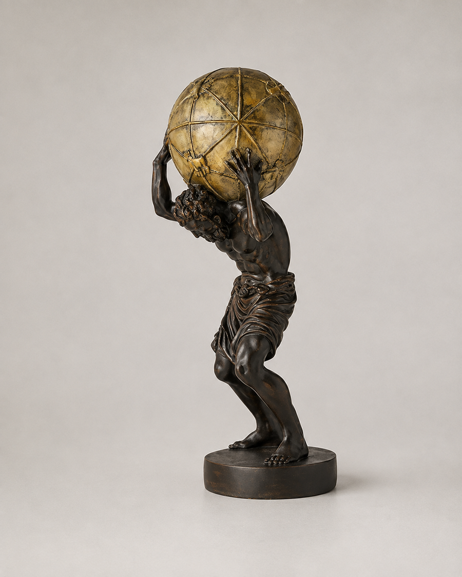 A classical-style sculpture of a muscular male figure carrying a large gold-toned globe on his shoulders, mounted on a round dark base, photographed against a plain light gray studio background.