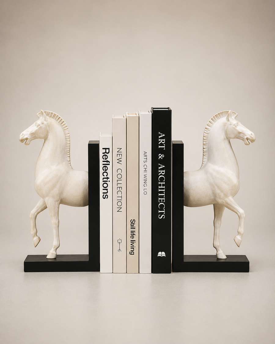 A pair of white horse bookends on black bases holding a set of books between them, photographed against a plain warm beige studio background.