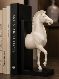 A white horse figurine bookend holding up a stack of books on a dark wooden table. The horse is sculpted in a realistic pose with one front leg raised, mounted on a black base that sits on a dark wood surface.