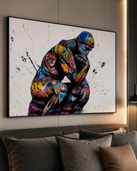 A large framed wall art print hangs above a dark sofa in a modern room. The artwork shows a stylized, colorful crouching figure with graffiti-like markings on a white background with black paint splatters.