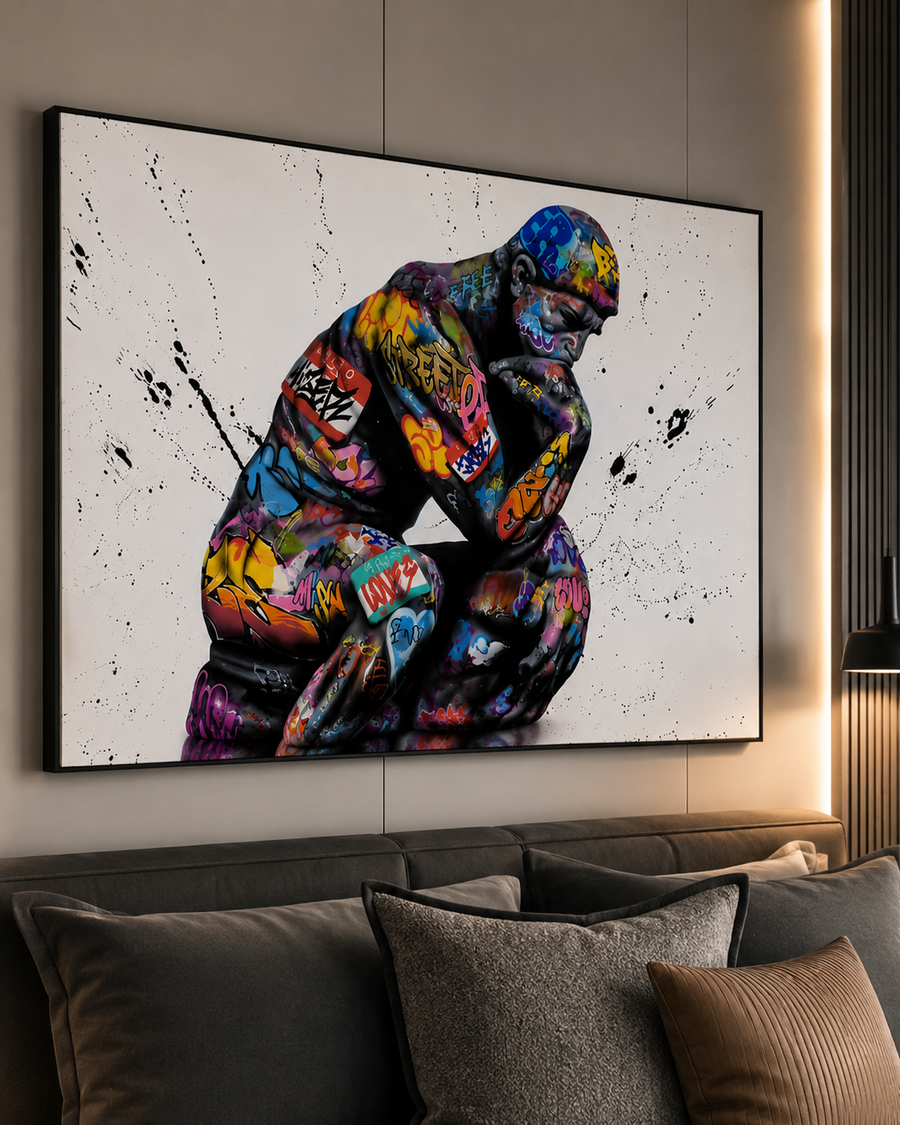 A large framed wall art print hangs above a dark sofa in a modern room. The artwork shows a stylized, colorful crouching figure with graffiti-like markings on a white background with black paint splatters.