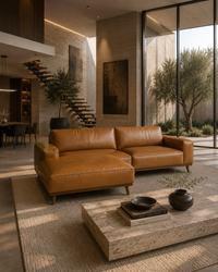 A modern tan leather sectional sofa with a chaise lounge, positioned in a luxurious contemporary living room with a stone coffee table, textured rug, and large glass windows overlooking an outdoor patio.