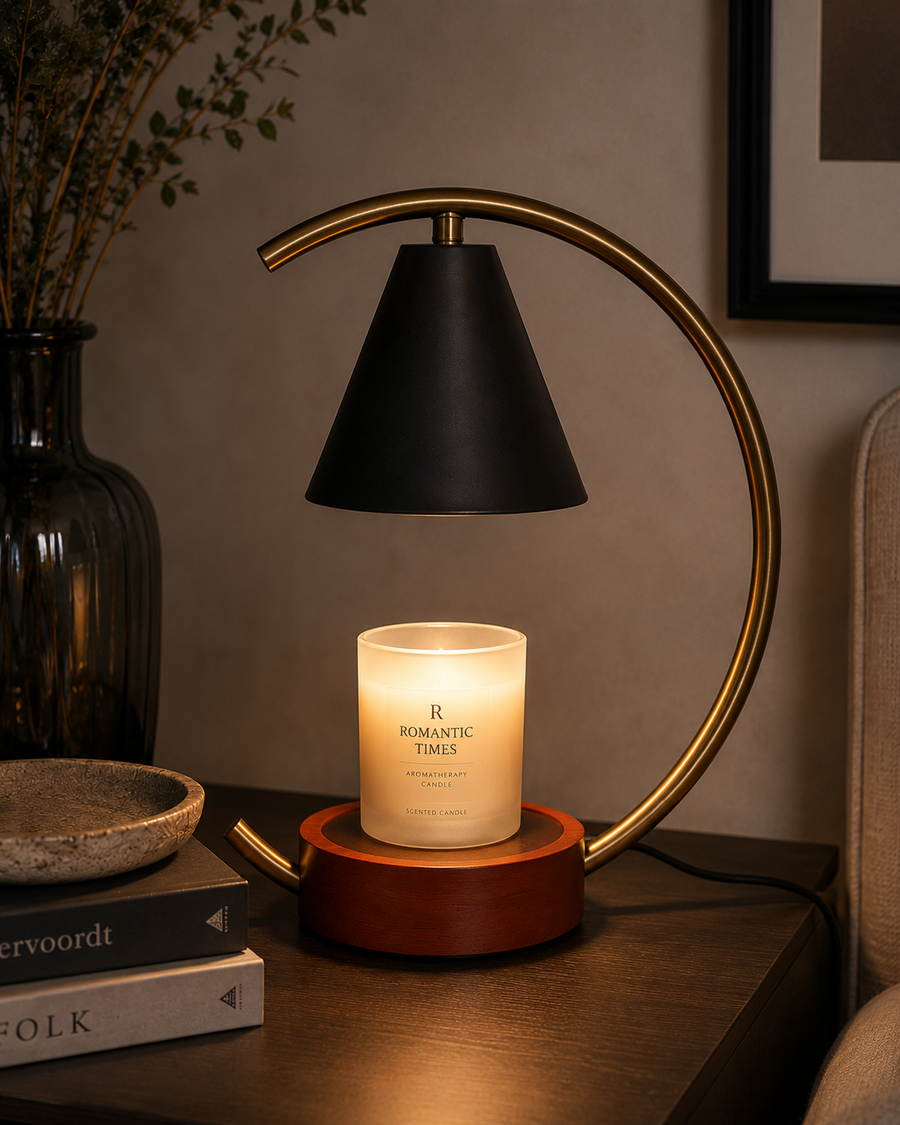 A lit candle on a wooden base with a curved brass lamp above it, placed on a bedside table in a real interior setting with a vase, books, and wall art visible.