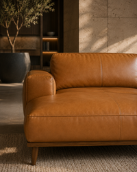 A close-up of a warm tan leather sofa in a modern interior setting with natural light, a textured rug, and a potted plant in the background.