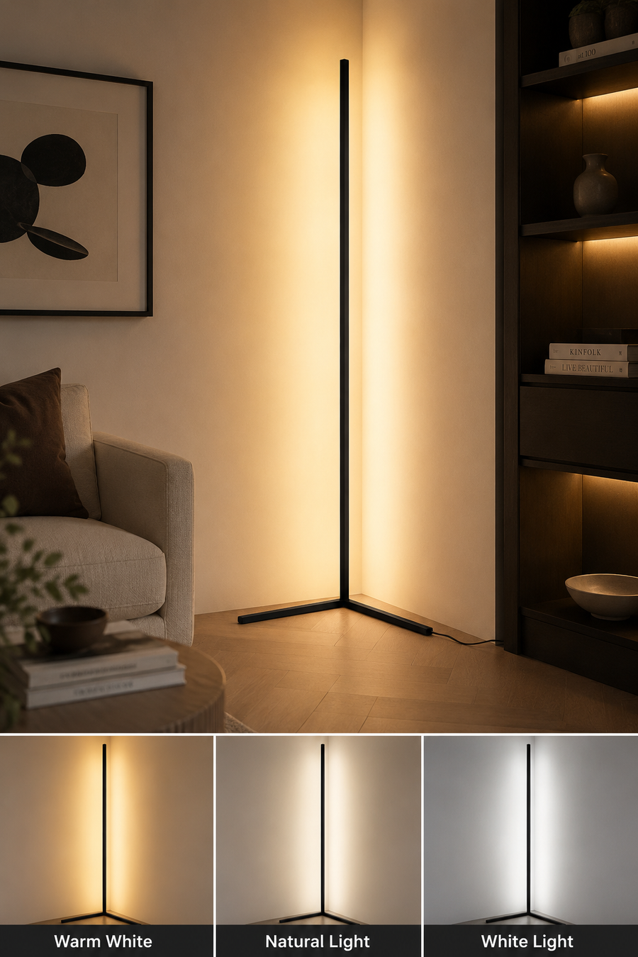 A slim black floor lamp with a tri-branch base stands in a modern living room, casting a warm glow on the wall. Three smaller panels at the bottom show the lamp's light modes: Warm White, Natural Light, and White Light.