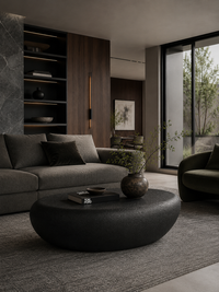 A modern living room featuring a dark gray textured oval coffee table in the foreground, a gray sectional sofa with dark accent pillows, a dark wood shelving unit, and a large floor-to-ceiling window looking out to greenery.