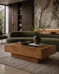 A modern living room scene featuring a low rectangular coffee table made of rich brown burl wood, styled with a dark ceramic vase, books, and a bowl on a textured gray rug. In the background, a curved olive green sofa sits in front of a dark wood cabinet and a large marble wall panel.