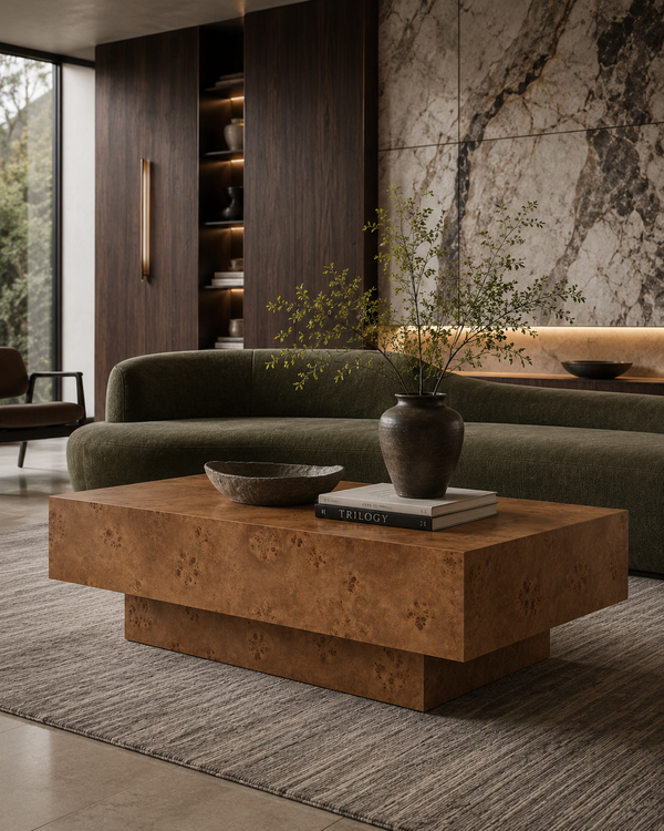 A modern living room scene featuring a low rectangular coffee table made of rich brown burl wood, styled with a dark ceramic vase, books, and a bowl on a textured gray rug. In the background, a curved olive green sofa sits in front of a dark wood cabinet and a large marble wall panel.