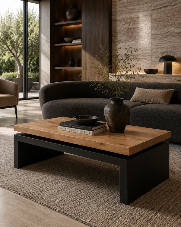 A modern rectangular coffee table with a light oak wood top and a black metal base, styled in a contemporary living room setting.