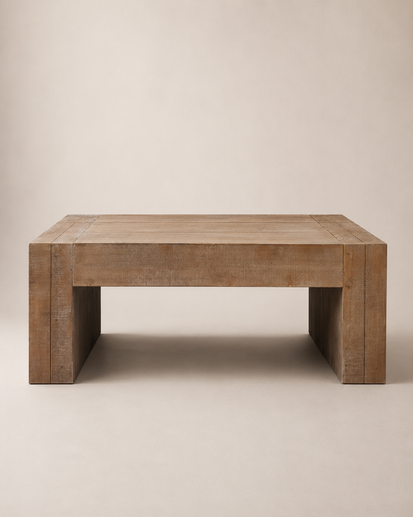 A rustic rectangular wooden coffee table with thick blocky legs, shown from a front angle against a solid beige background.