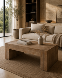 A modern low wooden coffee table in a warm, neutral-toned living room setting with a beige sofa, woven rug, and potted plant.