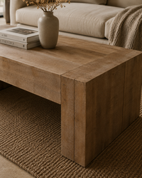 A rustic light brown wooden coffee table with a thick blocky leg design, styled in a living room setting with a woven rug, a beige sofa, a ceramic vase, and books.