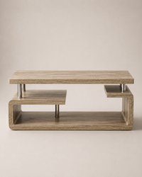 A modern two-tier wooden coffee table with a light oak finish and brushed steel legs, shown against a neutral beige background.